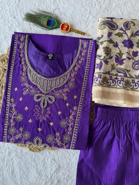 Legendary Purple Violet Roman Silk Kurti Pant Dupatta Set with Beads Work  Embroidery Kurtis 