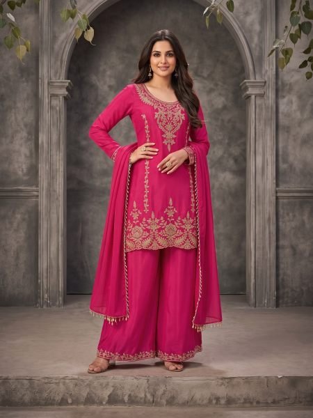 Legendary Rani Pink Chinnon Designer Kurti Pant Dupatta Set with Beaded Work Salwar Kameez