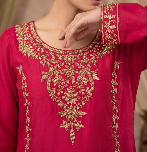 Legendary Rani Pink Chinnon Designer Kurti Pant Dupatta Set with Beaded Work Designer Plazzo Salwar Suits Wholesale