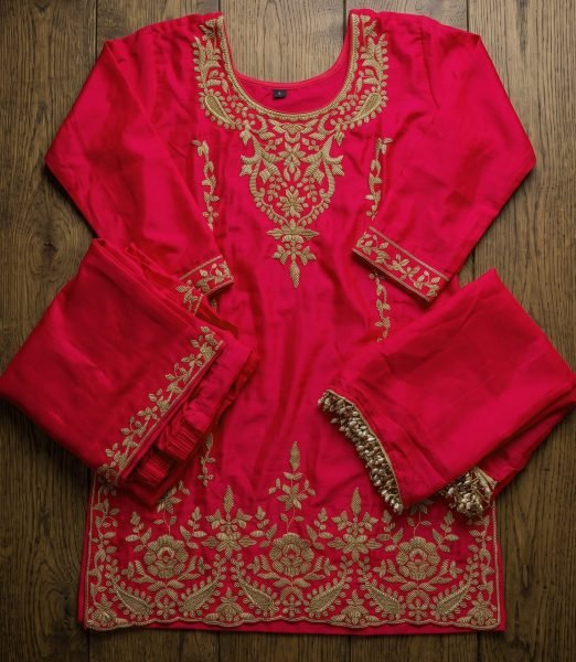 Legendary Rani Pink Chinnon Designer Kurti Pant Dupatta Set with Beaded Work Designer Plazzo Salwar Suits Wholesale