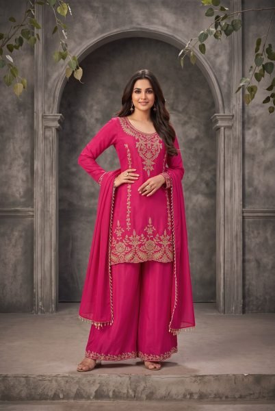 Legendary Rani Pink Chinnon Designer Kurti Pant Dupatta Set with Beaded Work Designer Plazzo Salwar Suits Wholesale