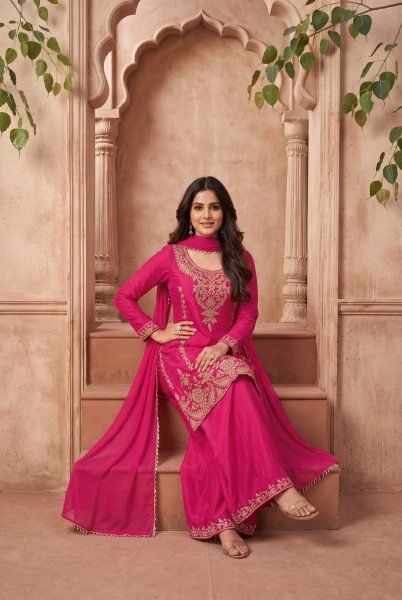 Legendary Rani Pink Chinnon Designer Kurti Pant Dupatta Set with Beaded Work Designer Plazzo Salwar Suits Wholesale
