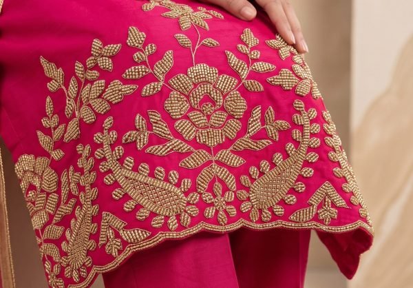 Legendary Rani Pink Chinnon Designer Kurti Pant Dupatta Set with Beaded Work Designer Plazzo Salwar Suits Wholesale