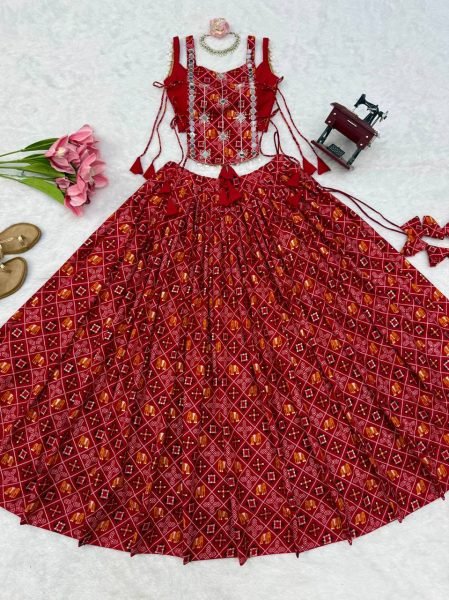 Legendary Red 6 Meter Flair Heavy Rayon Lehenga Choli with Embroidered Blouse Navratri Lehnega Choli