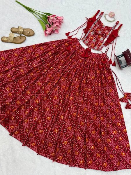 Legendary Red 6 Meter Flair Heavy Rayon Lehenga Choli with Embroidered Blouse Navratri Lehnega Choli