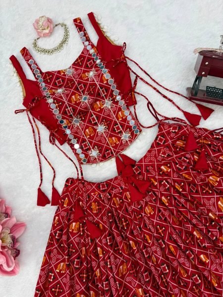 Legendary Red 6 Meter Flair Heavy Rayon Lehenga Choli with Embroidered Blouse Navratri Lehnega Choli