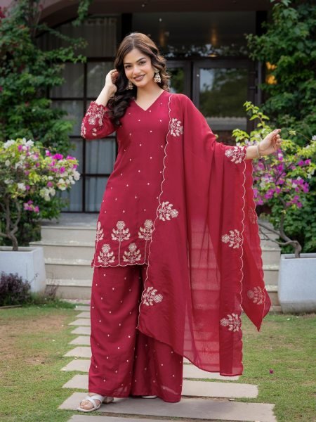 Legendary Red Embroidered Kurti Pant Set with Chinnon Fabric for Boutique Collection Ready To Wear Suit