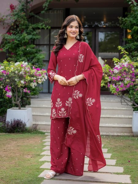 Legendary Red Embroidered Kurti Pant Set with Chinnon Fabric for Boutique Collection Ready To Wear Collection
