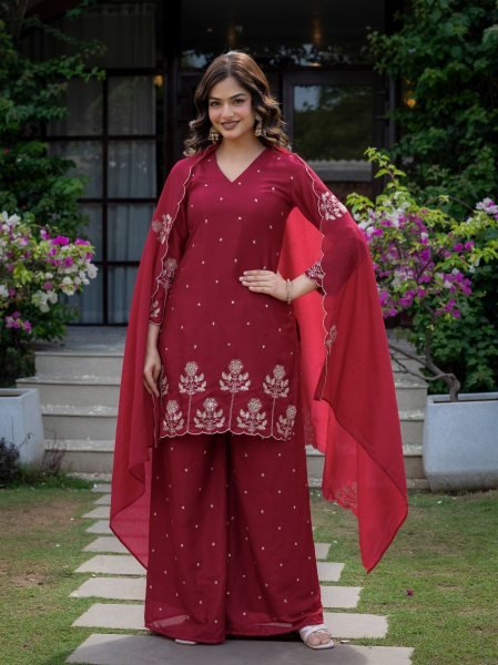 Legendary Red Embroidered Kurti Pant Set with Chinnon Fabric for Boutique Collection Ready To Wear Collection