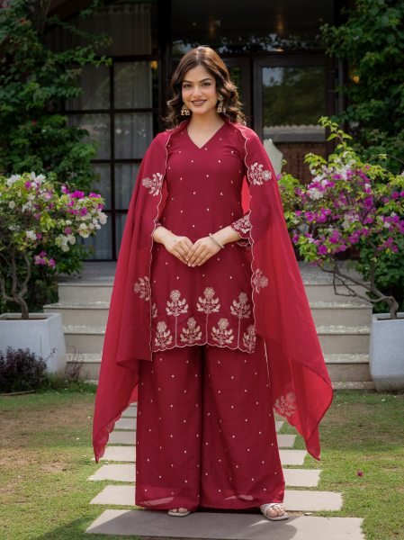 Legendary Red Embroidered Kurti Pant Set with Chinnon Fabric for Boutique Collection Ready To Wear Collection