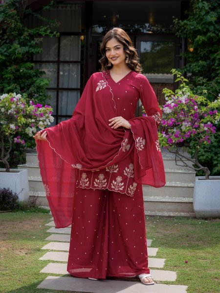 Legendary Red Embroidered Kurti Pant Set with Chinnon Fabric for Boutique Collection Ready To Wear Collection