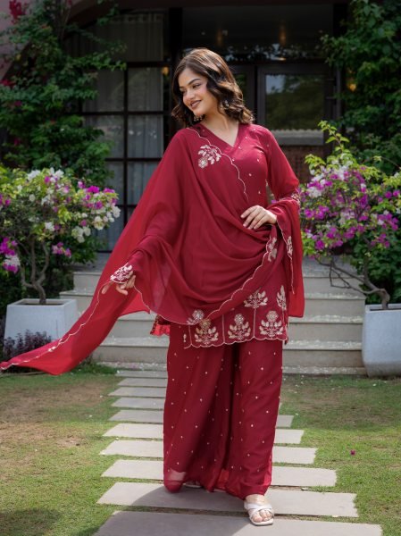 Legendary Red Embroidered Kurti Pant Set with Chinnon Fabric for Boutique Collection Ready To Wear Collection