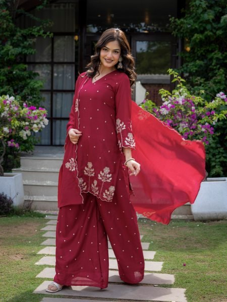 Legendary Red Embroidered Kurti Pant Set with Chinnon Fabric for Boutique Collection Ready To Wear Collection