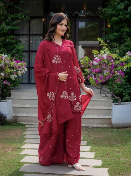 Legendary Red Embroidered Kurti Pant Set with Chinnon Fabric for Boutique Collection Ready To Wear Collection