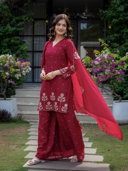 Legendary Red Embroidered Kurti Pant Set with Chinnon Fabric for Boutique Collection Ready To Wear Collection