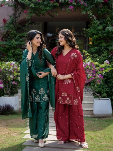 Legendary Red Embroidered Kurti Pant Set with Chinnon Fabric for Boutique Collection Ready To Wear Collection