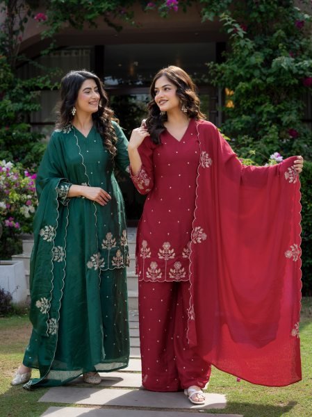 Legendary Red Embroidered Kurti Pant Set with Chinnon Fabric for Boutique Collection Ready To Wear Collection