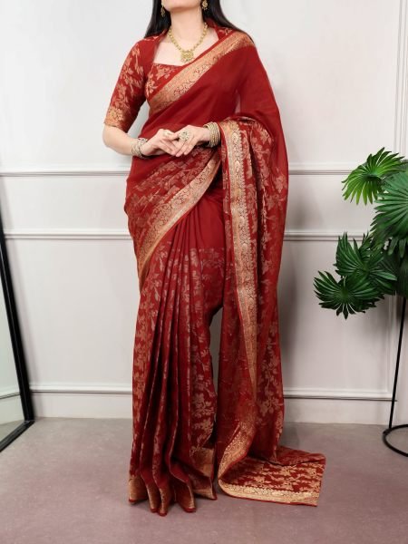 Legendary Red Poly Cotton Saree with Rich Zari Weaving and Unstitched Blouse Sarees 