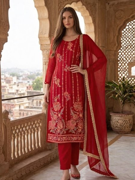 Legendary Red Pure Soft Organza Silk Salwar Suit with Muslin Silk Pants Kurtis