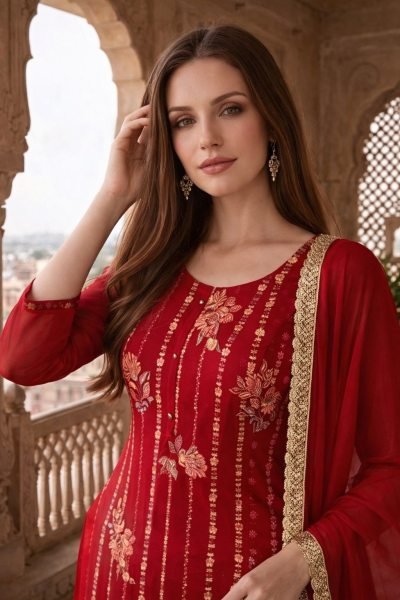 Legendary Red Pure Soft Organza Silk Salwar Suit with Muslin Silk Pants Embroidery Kurtis 