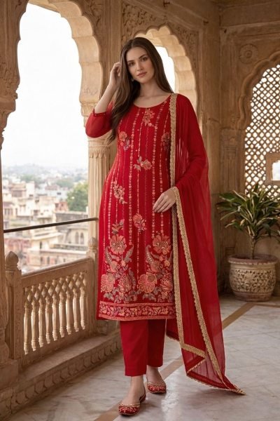 Legendary Red Pure Soft Organza Silk Salwar Suit with Muslin Silk Pants Embroidery Kurtis 