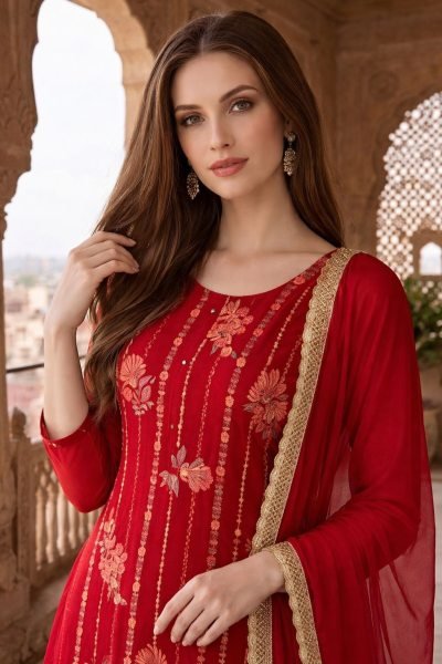 Legendary Red Pure Soft Organza Silk Salwar Suit with Muslin Silk Pants Embroidery Kurtis 