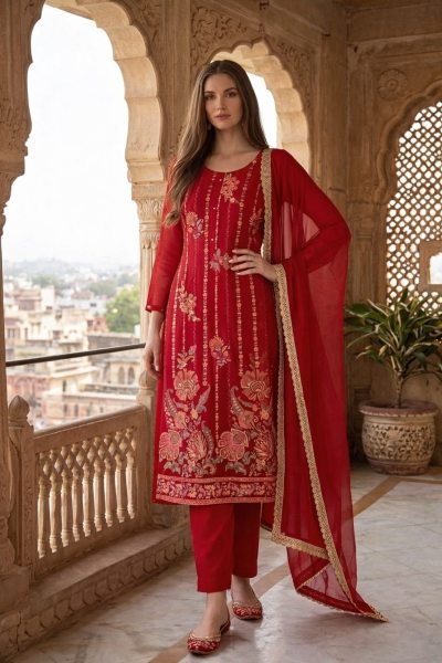 Legendary Red Pure Soft Organza Silk Salwar Suit with Muslin Silk Pants Embroidery Kurtis 