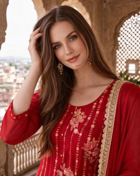 Legendary Red Pure Soft Organza Silk Salwar Suit with Muslin Silk Pants Embroidery Kurtis 