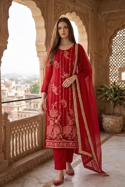 Legendary Red Pure Soft Organza Silk Salwar Suit with Muslin Silk Pants Embroidery Kurtis 