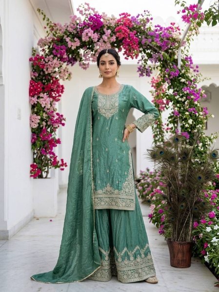 Legendary Sky Blue Heavy Embroidery Palazzo Set for Women Wedding Wear Ready To Wear Collection