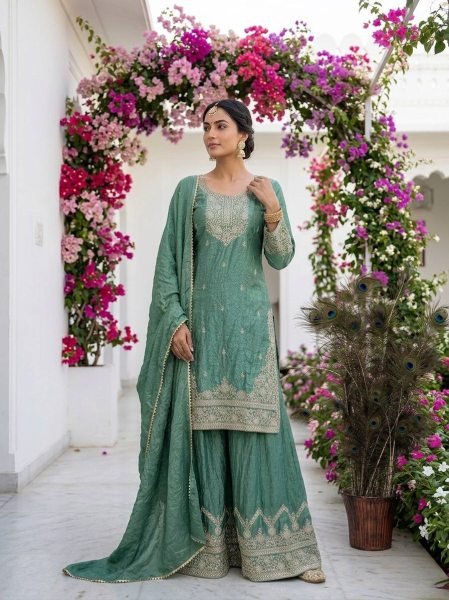 Legendary Sky Blue Heavy Embroidery Palazzo Set for Women Wedding Wear Ready To Wear Collection