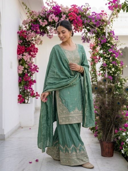 Legendary Sky Blue Heavy Embroidery Palazzo Set for Women Wedding Wear Ready To Wear Collection