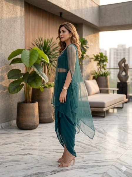 Legendary Teal Green Embroidered Top and Dripping Skirt Set for Festive Functions Ready To Wear Collection
