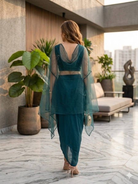 Legendary Teal Green Embroidered Top and Dripping Skirt Set for Festive Functions Ready To Wear Collection