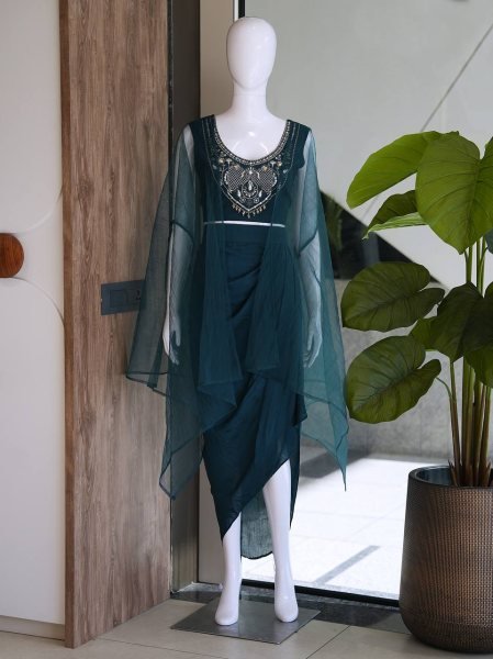 Legendary Teal Green Embroidered Top and Dripping Skirt Set for Festive Functions Ready To Wear Collection