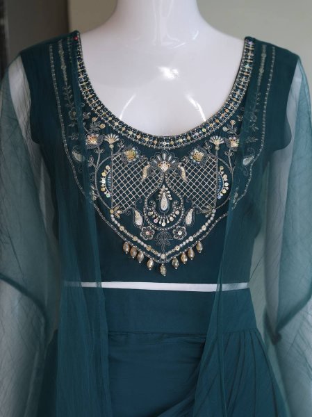 Legendary Teal Green Embroidered Top and Dripping Skirt Set for Festive Functions Ready To Wear Collection
