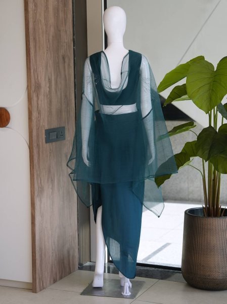 Legendary Teal Green Embroidered Top and Dripping Skirt Set for Festive Functions Ready To Wear Collection