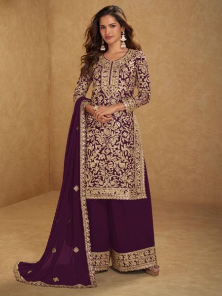Legendary Wine Real Georgette Palazzo Suit with Front Back Embroidery Work Salwar Kameez