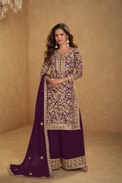 Legendary Wine Real Georgette Palazzo Suit with Front Back Embroidery Work Designer Plazzo Salwar Suits Wholesale