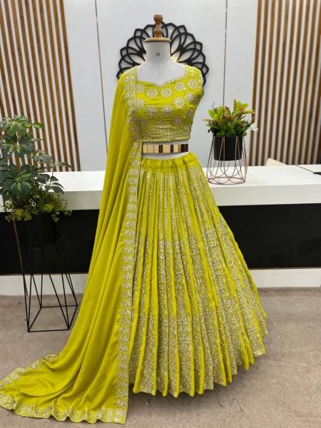 Lemon Glow Chinnon Silk Lehenga Set with Mirror Work Perfect for Festive Glam Designer Lehenga Choli