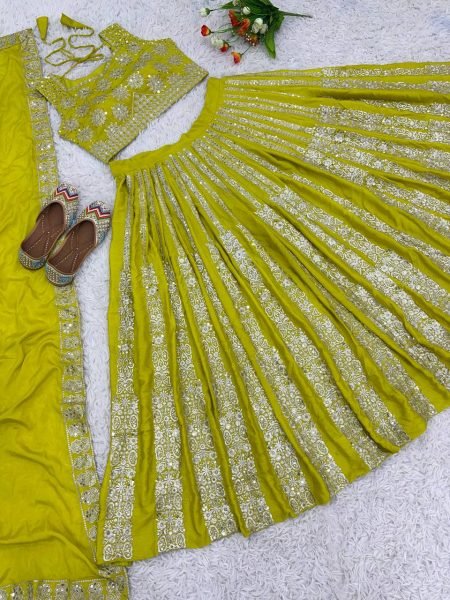 Lemon Glow Chinnon Silk Lehenga Set with Mirror Work Perfect for Festive Glam Designer Lehenga Choli
