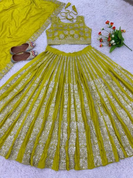 Lemon Glow Chinnon Silk Lehenga Set with Mirror Work Perfect for Festive Glam Designer Lehenga Choli