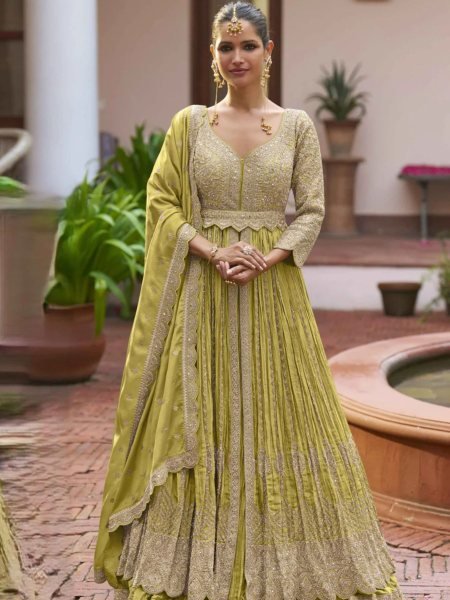 Lemon Yellow Chinon Embroidered Anarkali Suit with Coding Work Dupatta 
