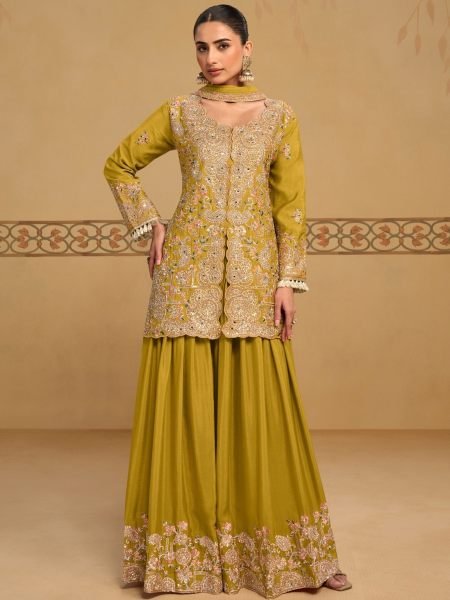 Lemon Yellow Designer Real Chinon Top Bottom Dupatta Set with Embroidery Salwar Kameez