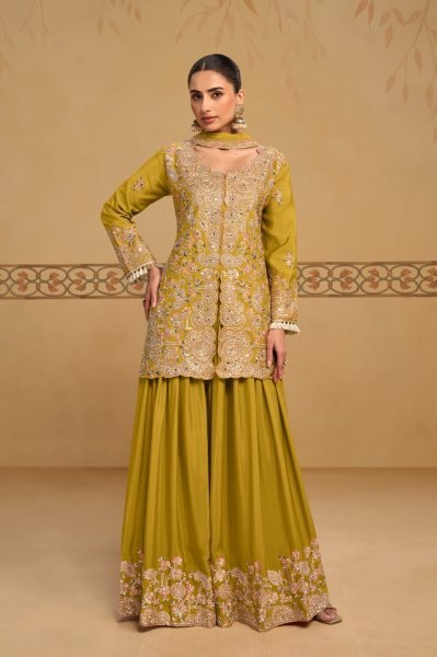 Lemon Yellow Designer Real Chinon Top Bottom Dupatta Set with Embroidery Designer Plazzo Salwar Suits Wholesale