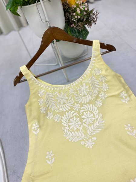 Lemon Yellow Embroidered Kurti & Palazzo Co-Ord Soft Hue for Serene Styling Lucknowi Chikankari Kurtis Wholesale