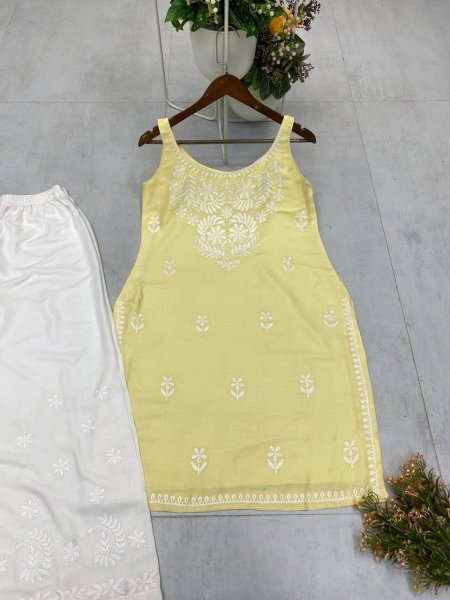 Lemon Yellow Embroidered Kurti & Palazzo Co-Ord Soft Hue for Serene Styling Lucknowi Chikankari Kurtis Wholesale
