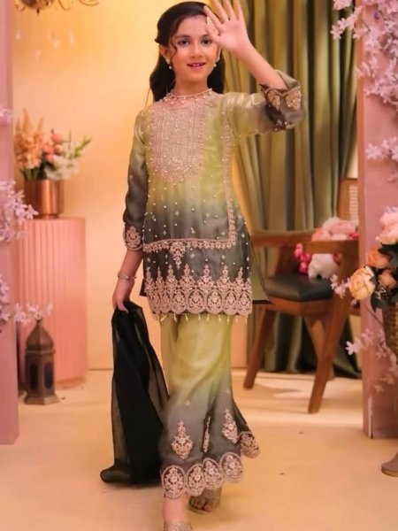 Lemon Yellow Girls GMY Silk Palazzo Suit Set with Sequins Embroidery and Organza Dupatta Kurtis