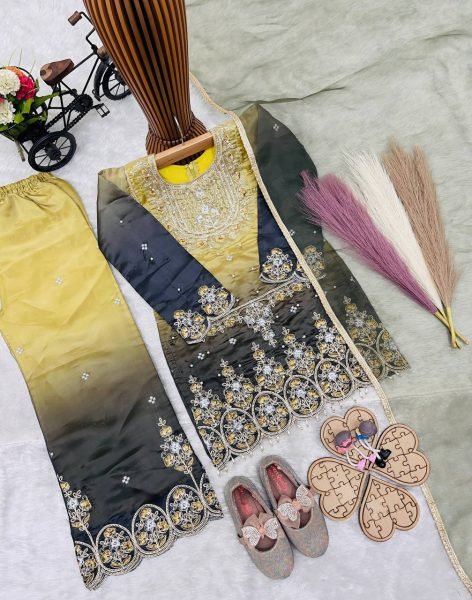 Lemon Yellow Girls GMY Silk Palazzo Suit Set with Sequins Embroidery and Organza Dupatta Girls Wear