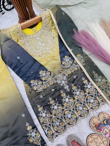 Lemon Yellow Girls GMY Silk Palazzo Suit Set with Sequins Embroidery and Organza Dupatta Girls Wear